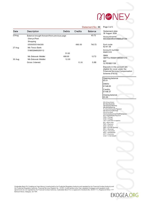 Relevé de Virgin Money au Royaume Uni, 3 pages 2